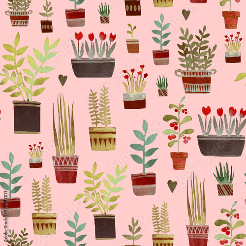 Seamless pattern flowers in pots. Hand watercolor illustration. Design for wallpaper, fabric, textile, websites, shops, labels.