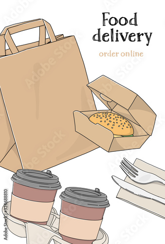 Take-away food. Fast food delivery. Paper bag, coffee and a sandwich on a white background.