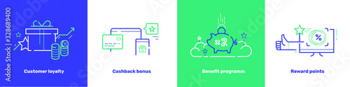 Benefit program, customer loyalty, reward points, cashback icon concept.  Referral revenue template with credit card, pig, stars, wallet, gift box, coin, bonus elements. Isolated vector illustration