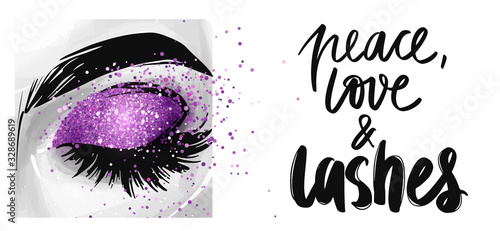 Closed eye with golden glitter eyeshadow and phrase But first, mascara.