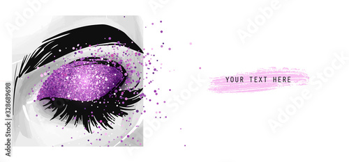 Closed eye with purple glitter eyeshadow. Fashion poster for beauty salon