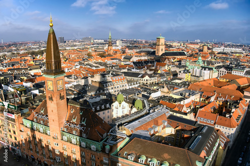 Aerial view of Copenhagen from the top of tower of Copenhagen City Hall. Copenhagen, Denmark. February 2020