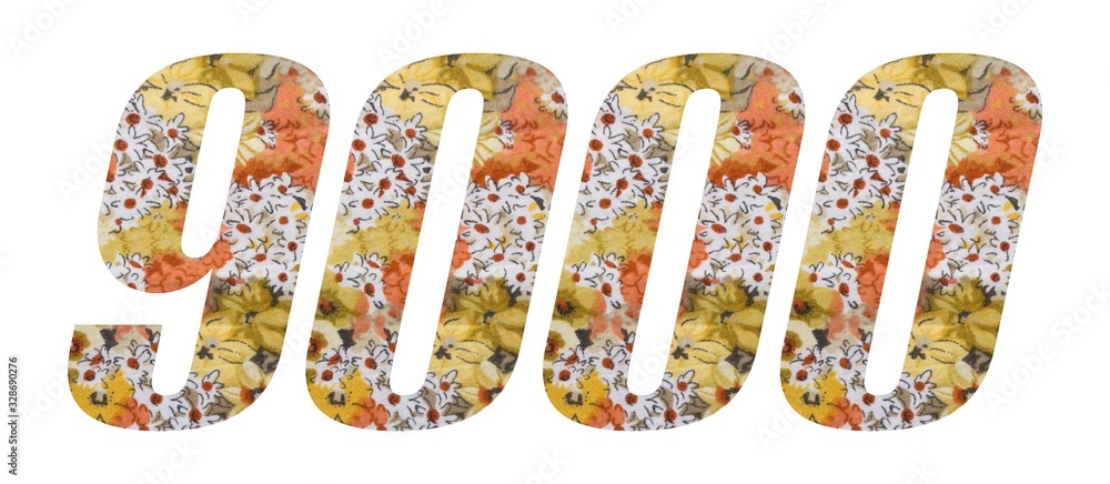 Number 9000 with flowered fabric texture on white background.