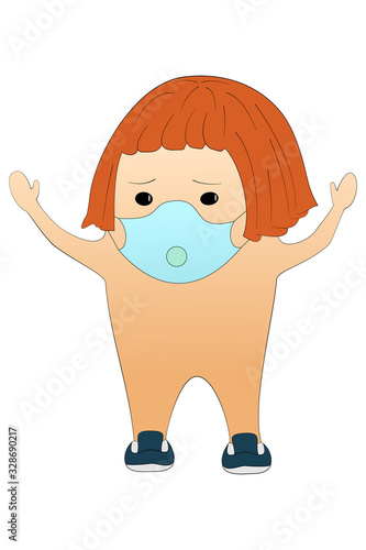 Flat style character in medical antiviral mask. Woman with hands up without clothes in blue shoes. Isolated on a white. An activist protests at a demonstration during an epidemic.