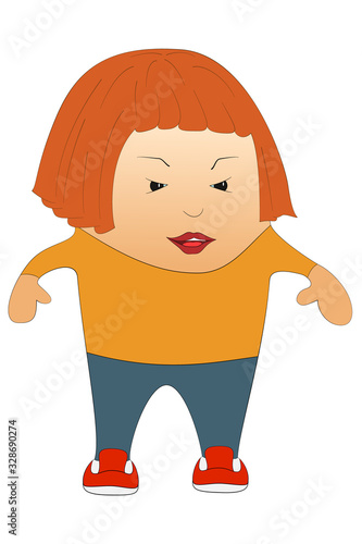 Aggressive woman wants to attack. An angry girl is dominant. Character in a flat style. Isolated on a white. Female threat concept.