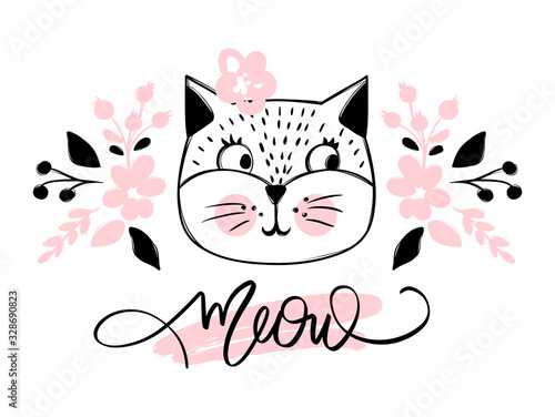 Vector cute cat illustration. Hand drawn Stylish kitten. Doodle Kitty. Meow lettering.
