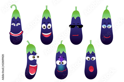 Set of funny eggplant character isolated on white background. Vector cartoon faces with various emotions.