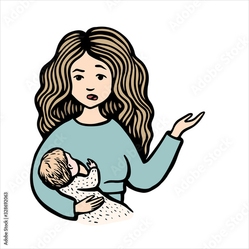 Perplexed woman holds baby and point a hand. Hand drawn colorful vector stock illustration. Breast feeding. Mom on blue sweater with child.