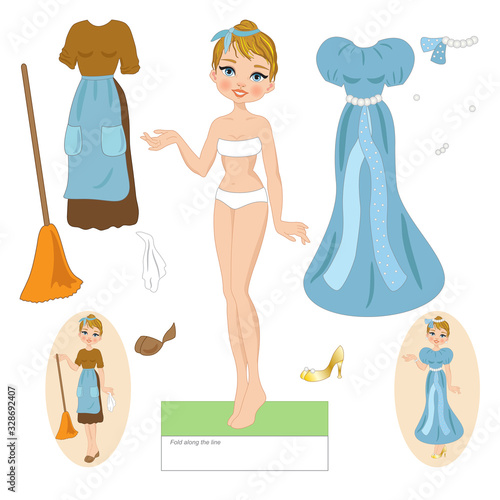A paper doll on a white background representing Cinderella before and after the party where he meets the prince