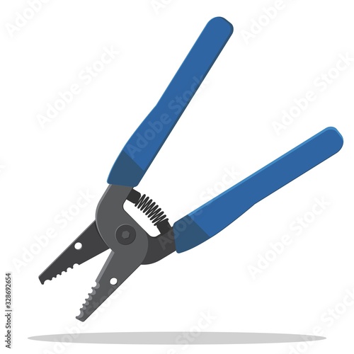 Precise wire stripper hand tool. Wire cutter, cable crimper, spring loaded with rubber coating.Flat style vector illustration.