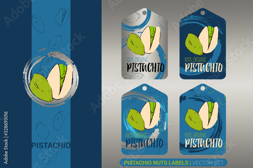 Creative nut tags in silver and blue colors with circle brush stroke design elements. 100% organic pistachios vector set. Sketch pistachio nuts labels. Luxury stickers with hand drawn nuts