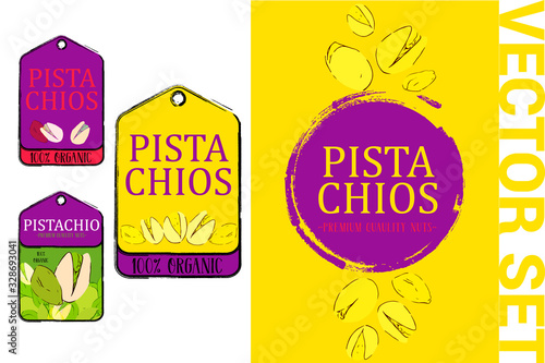 Vector pistachio nut design element. Hand drawn colorful labels. Nut illustrations with brush stroke elements ready to use for print and web. 100% organic pistachios tag set. Creative nut stickers