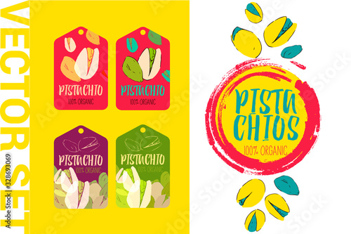 Vector pistachio nut design element. Hand drawn colorful labels. Nut illustrations with brush stroke elements ready to use for print and web. 100% organic pistachios tag set. Creative nut stickers