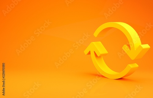 Yellow Refresh icon isolated on orange background. Reload symbol. Rotation arrows in a circle sign. Minimalism concept. 3d illustration 3D render photo