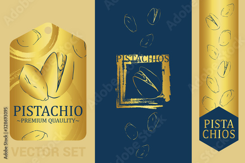 Pistachios Luxury set with circle and square brush stroke elements. Pistachio nuts premium quality label. Vintage Golden tag with dark blue color. Nut pattern with gold Brush stroke. Old nut sticker