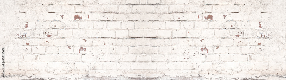 White painted damaged rustic brick wall texture banner panorama - obrazy, fototapety, plakaty 