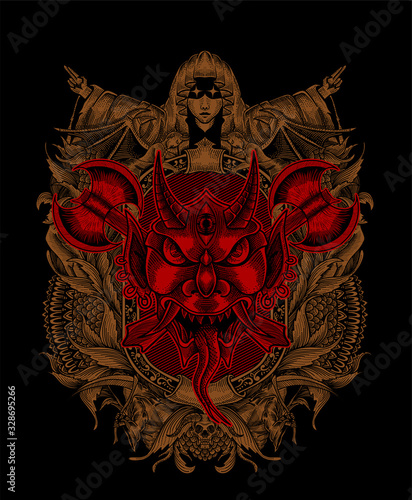 vector illustration Oni mask scary face Good for print on demand.