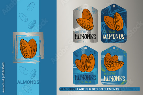 Creative nut tags in silver and blue colors with circle and square brush stroke design elements. 100% organic Almonds vector set. Sketch almond nuts labels. Luxury hand drawn stickers ready to use
