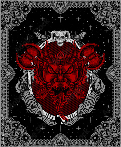 vector illustration Oni mask scary face Good for print on demand.