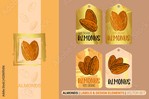 Creative nut tags with golden circle and square brush stroke design elements. 100% organic Almonds vector set. Sketch almond nuts labels. Luxury hand drawn stickers ready to use. Cartoon nuts pattern