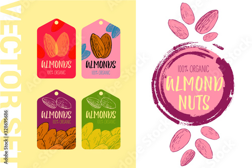 Vector Almond nut design element. Hand drawn colorful labels. Ready to use nut illustrations with brush stroke elements. 100% organic almonds tag set. Creative nut stickers ready for print and web.