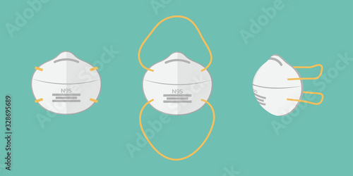set of breathing protective medical respiratory N95 mask, dust protection respirator, air pollution, disease, virus prevention, flu and fever protection, vector flat illustration