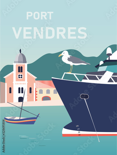 Vintage-style travel poster for Port Vendres, a French Catalan fishing village photo