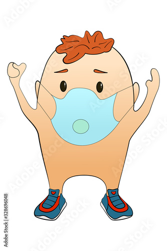 Man in protective medical mask raised his hands. Protecting health during an epidemic. Activist protests, the concept of the struggle for their rights, the struggle for democracy and freedom.