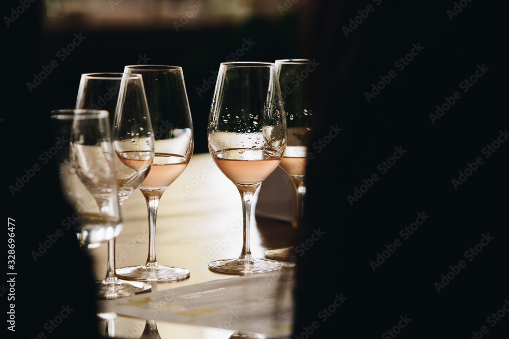 White, red and rose wine tasting close up view. Drop wine carafe. White, red and rose wine tasting close up view. Drop wine carafe.