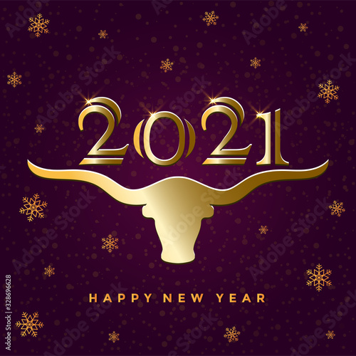Happy New Year 2021 of the ox. Vertical vector illustration of a golden bull who holds numbers on the horns. Snowflakes, and text on purple gradient isolated background