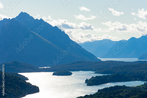 View of Perito Moreno Lake and the mountains taken from Mount Campanario viewpoint (Cerro Campanario). Bariloche, Argentina