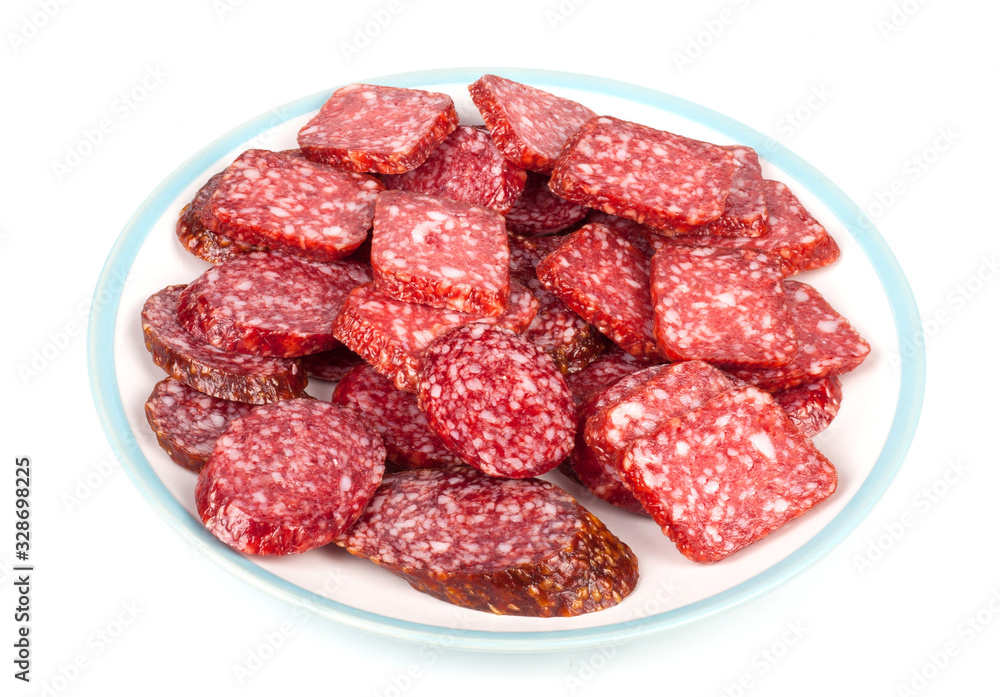 Smoked sausage slices on a plate Smoked sausage slices on a plate