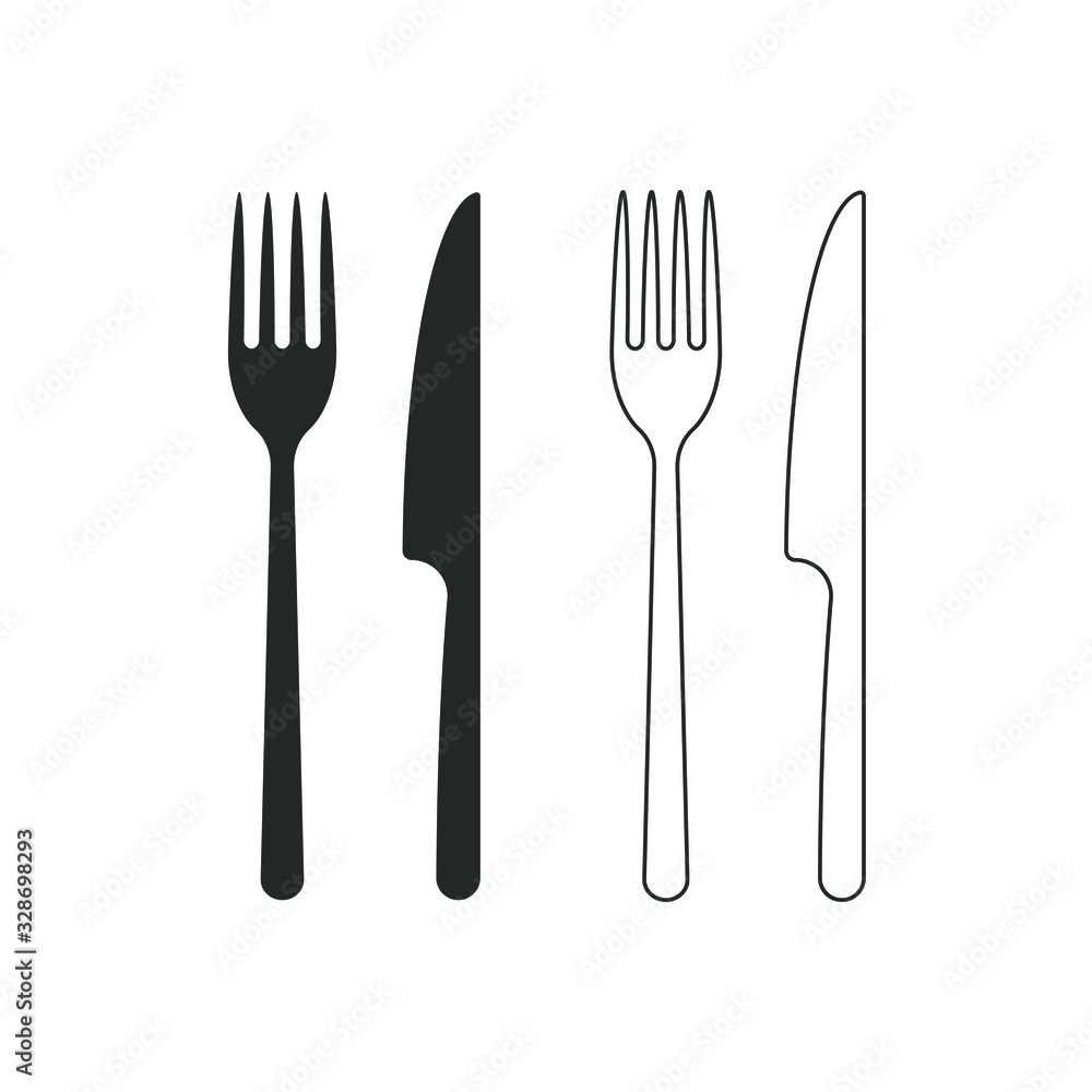 Fork and knife icon logo. Simple flat shape sign. Restaurant cafe kitchen diner place menu symbol. Vector illustration image. Black silhouette isolated on white background. Fork and knife icon logo. Simple flat shape sign. Restaurant cafe kitchen diner place menu symbol. Vector illustration image. Black silhouette isolated on white background.