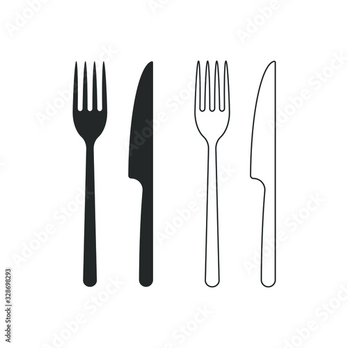 Fork and knife icon logo. Simple flat shape sign. Restaurant cafe kitchen diner place menu symbol. Vector illustration image. Black silhouette isolated on white background.