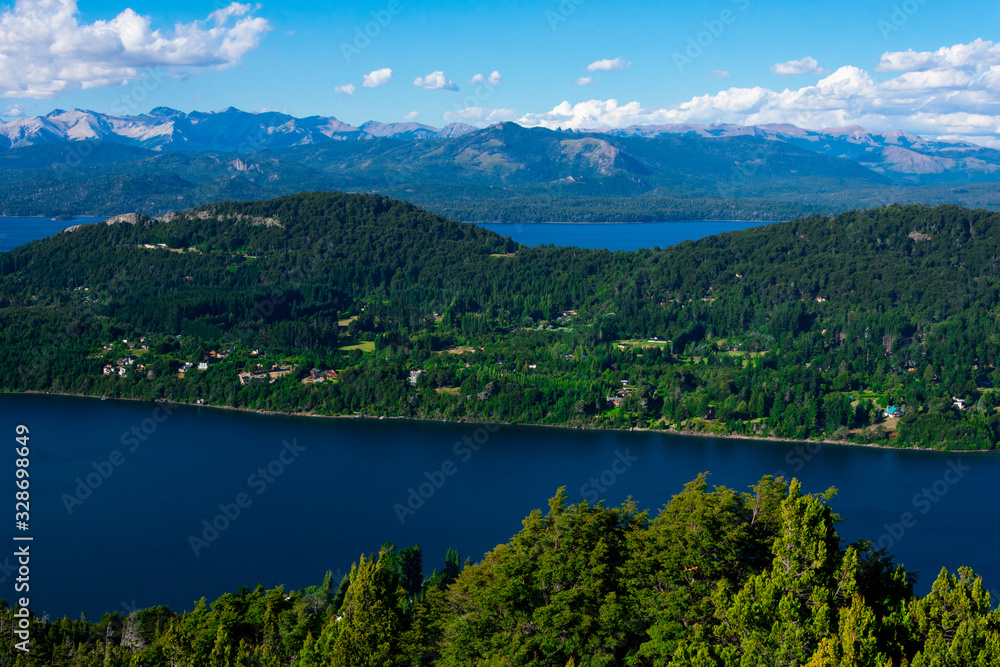 Aerial view of Nahuel Huapi Lake taken from Mount Campanario viewpoint (Cerro Campanario). Bariloche, Argentina
