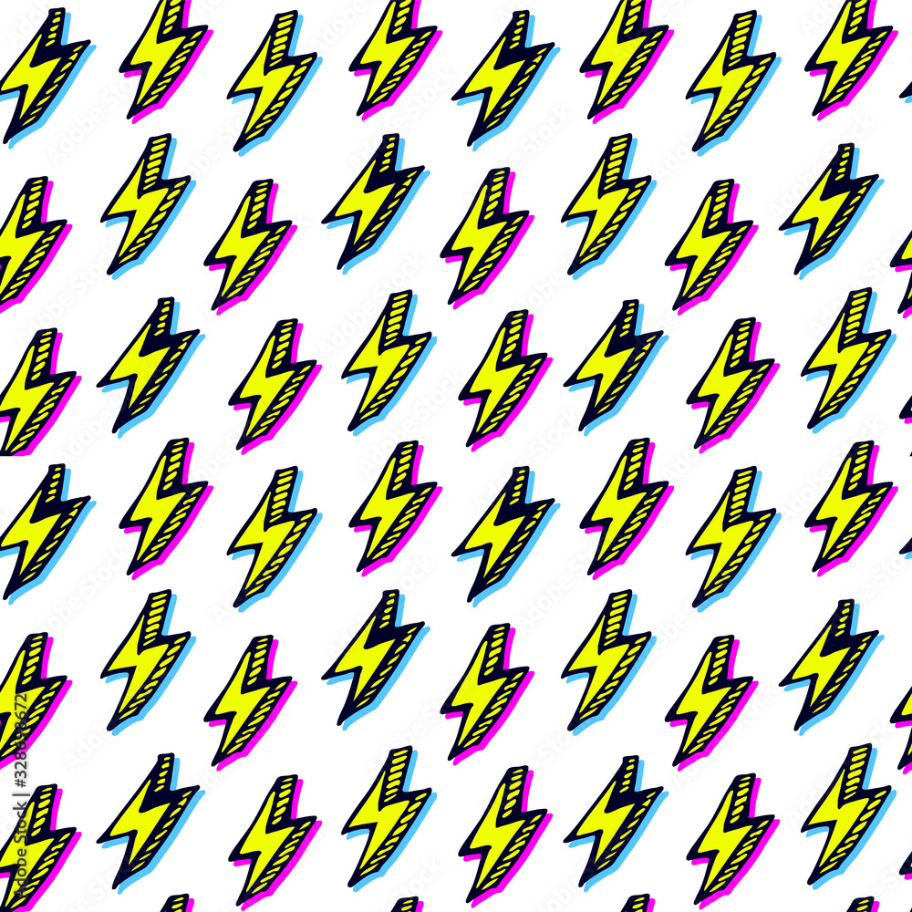 Colorful lightning bolt pattern in comic doodle style. Cartoon thunder ...
