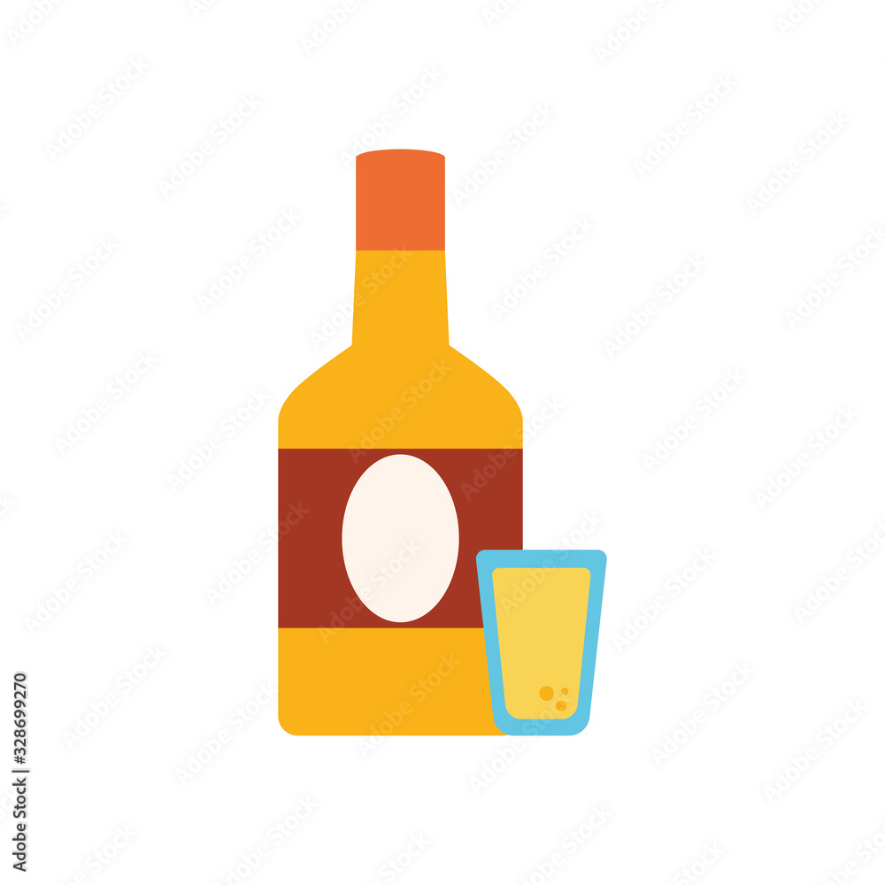 Mexican tequila bottle with shot cup flat style icon vector design Mexican tequila bottle with shot cup flat style icon vector design