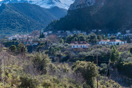 Panoramic view of Tithorea or Velitsa village located at the hillsides of Parnassos mountain in central Greece photo