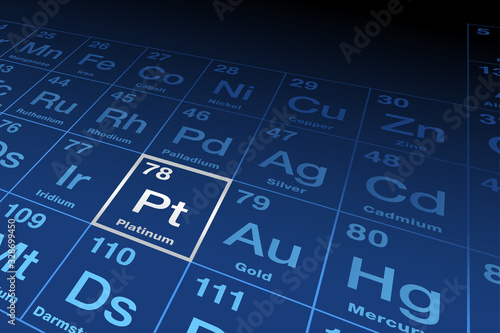 Element platinum on the periodic table of elements. Chemical element with symbol Pt from Spanish platino and atomic number 78, a transition metal. English labeled, silver and blue illustration. Vector