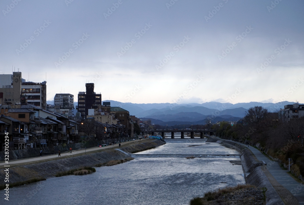 Kyoto, Japan - 11th March 2019 : Scenery of Kamogawa River in Kyoto in the evening