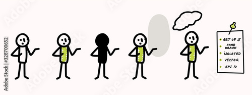 Hand drawn stick figure pondering pose. Concept of lecture, explanation or talk. Simple vector stickman line art icon. Symbol sign with speech bubble. Isolated set of 5 in simple crayon doodle color.