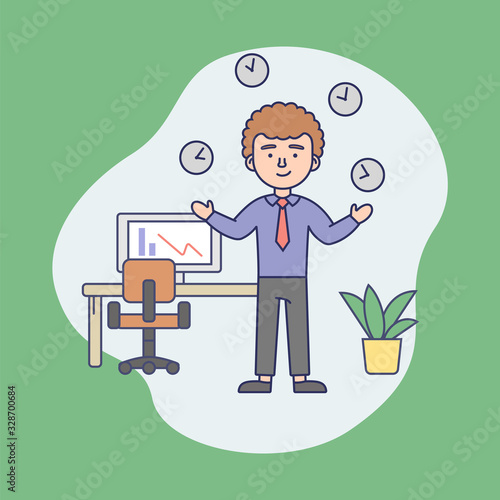 Concept Of Creativity, Business Success. Happy Young Businessman Is Juggling By Clock In Office. Successful Man Is Investing Time To Getting Profit. Cartoon Linear Outline Flat Vector Illustration