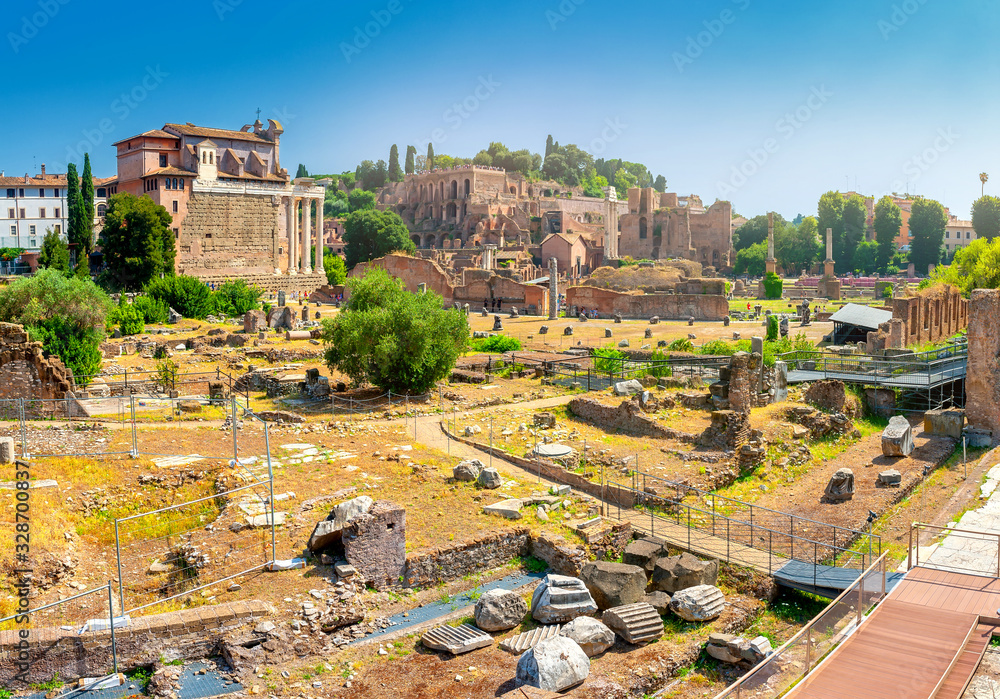 Panorama of the ruins of the ancient Roman forum, the most important place of ancient Rome. Antique architecture of Rome. above famous architectural landmark.