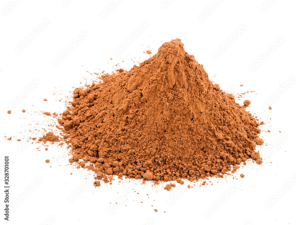 Pile cocoa powder on white background Pile cocoa powder on white background
