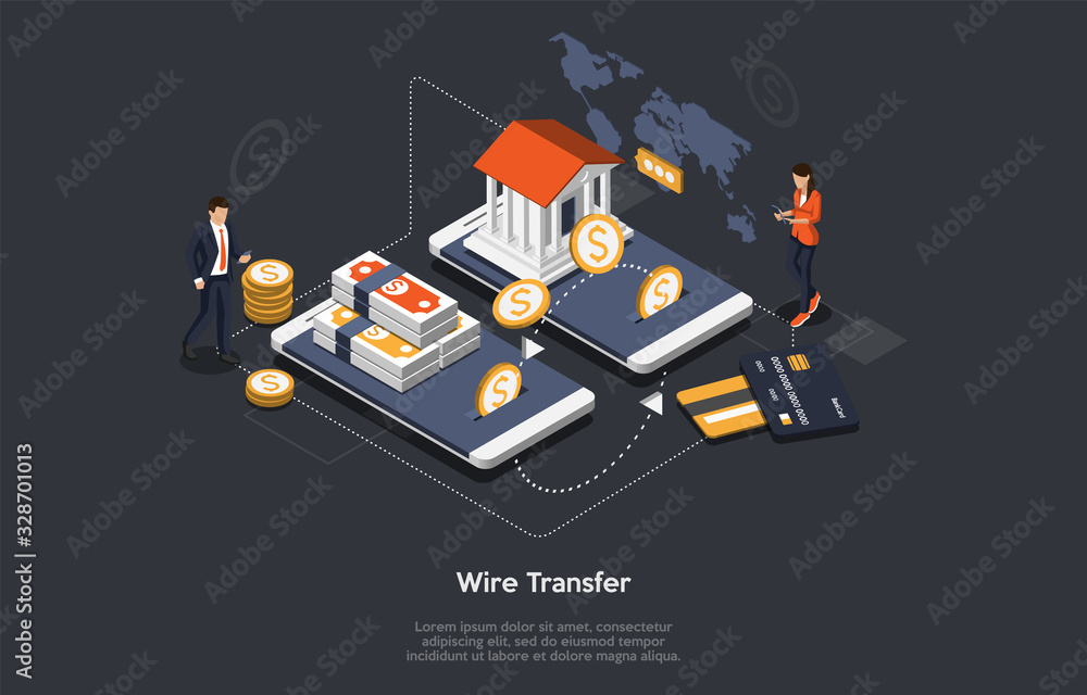 Concept Of Isometric Wire Transfer. Tiny Characters At Huge Smartphones. People Are Paying By Wire Transfers For Goods Or Services. Customers Are Paying Online Mobile App. Cartoon Vector Illustration