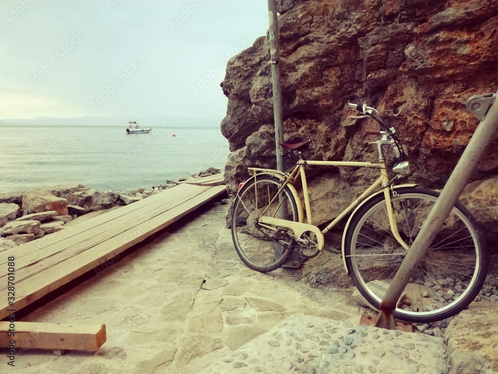 Abandoned rusty bicycle by the sea