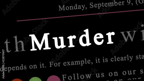Animation of the word Murder being highlighted in a series of different types of news articles pages. Zooming out and rotating camera movement for a dramatic effect. Black background. photo