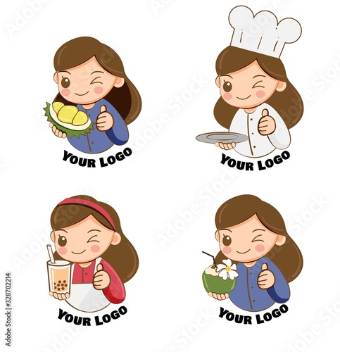 cute girl in variety shopkeeper character for logo design