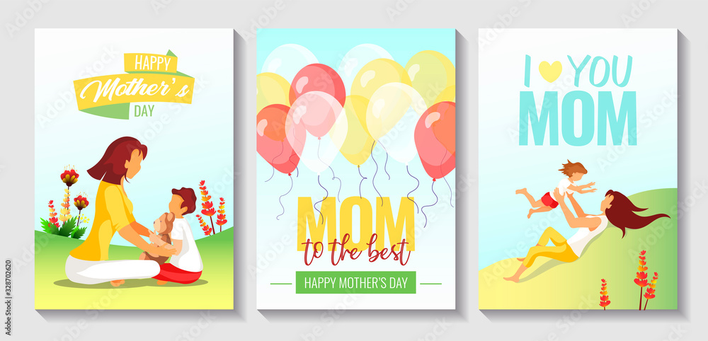 Set of cards for Mother's Day, Women's Day, childhood, motherhood. Mother with child in nature, flying balloons. A4 Vector illustrations for card, postcard, poster, cover, print.