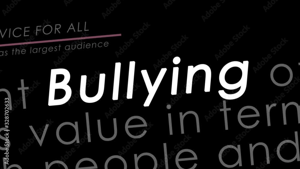 Animation of the word Bullying being highlighted in a series of different types of news articles pages. Zooming out and rotating camera movement for a dramatic effect. Black background. Animation of the word Bullying being highlighted in a series of different types of news articles pages. Zooming out and rotating camera movement for a dramatic effect. Black background.